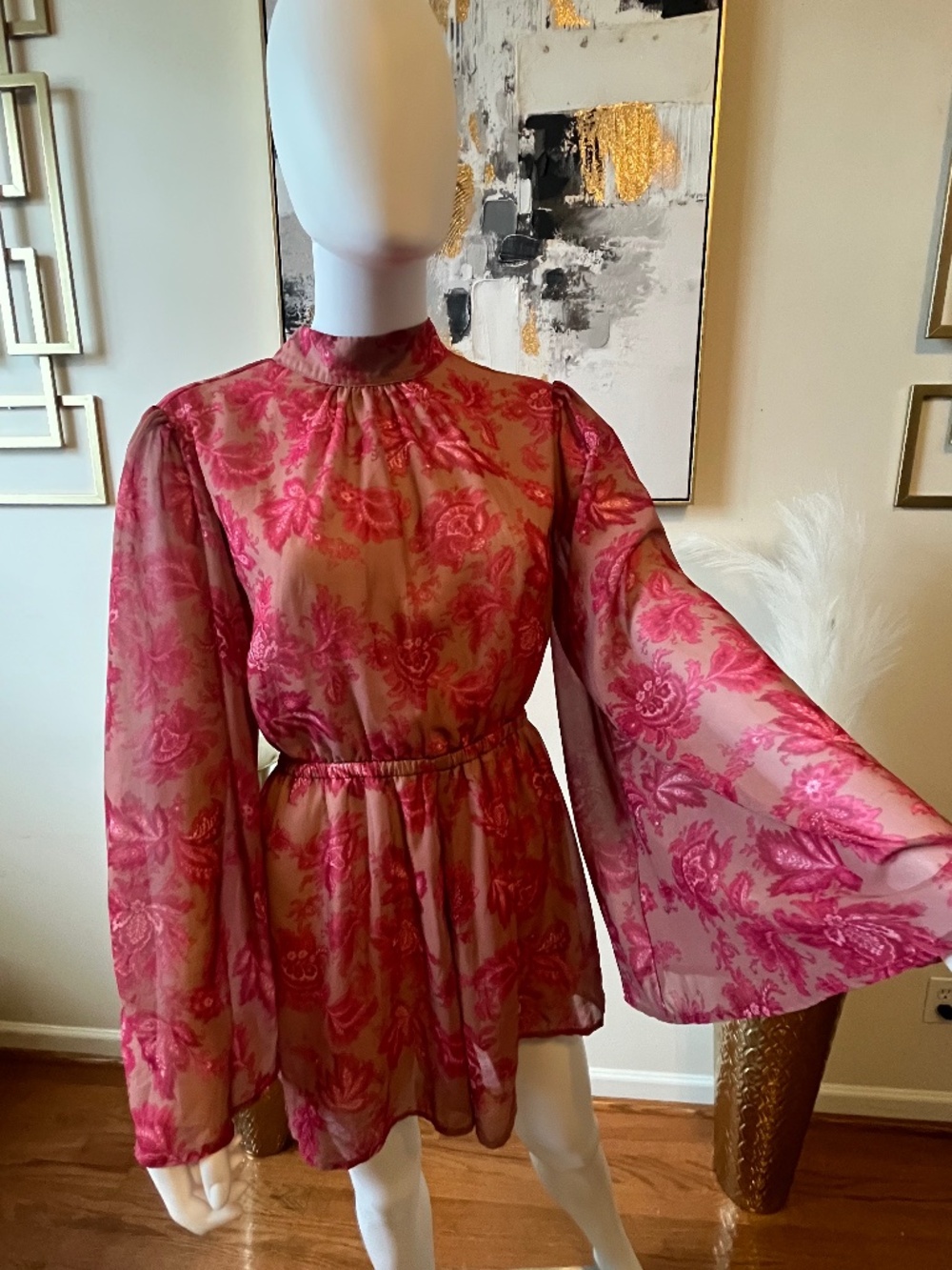 HAUTE ROGUE Pink Floral Sheer long Sleeves Open Back Romper